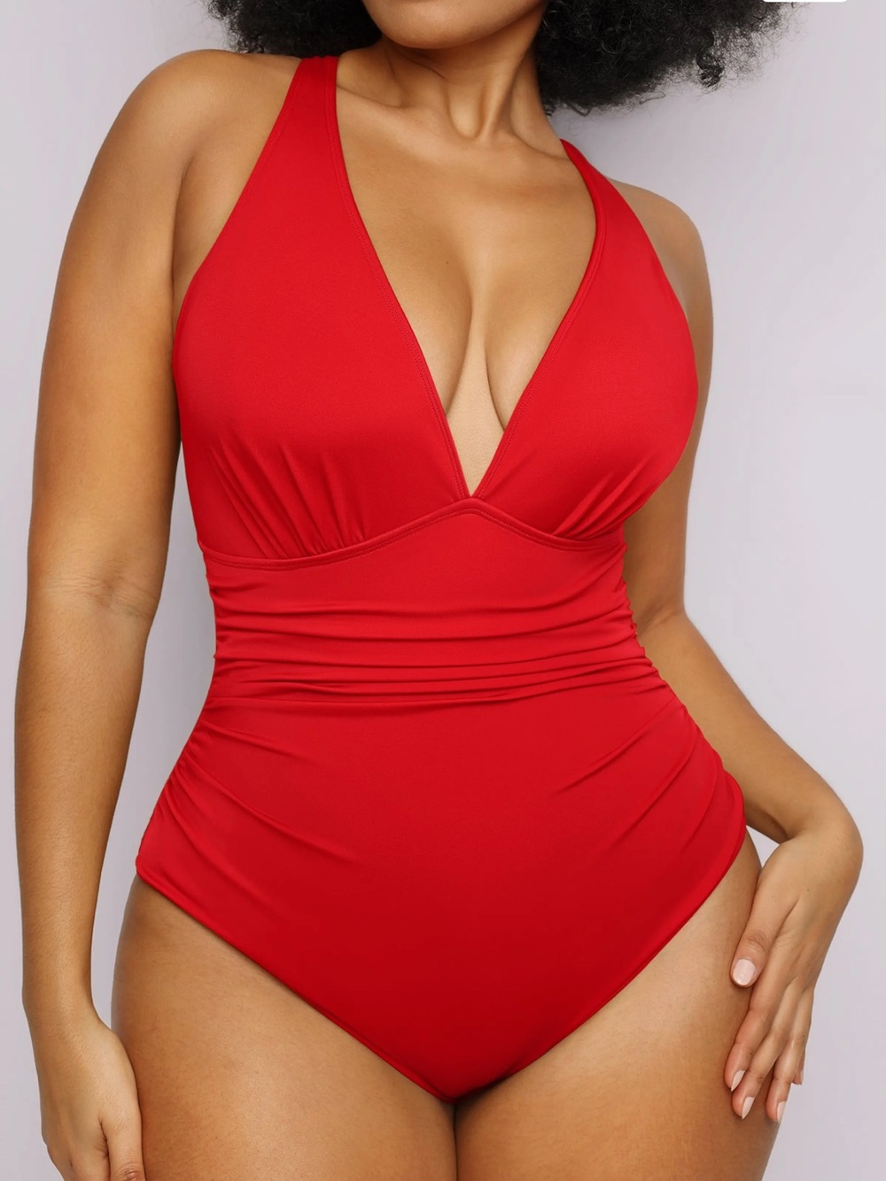 Women’s Plunge V-Neck Tummy Control Slimming Swimsuit Red Shapewear Ruched NEW